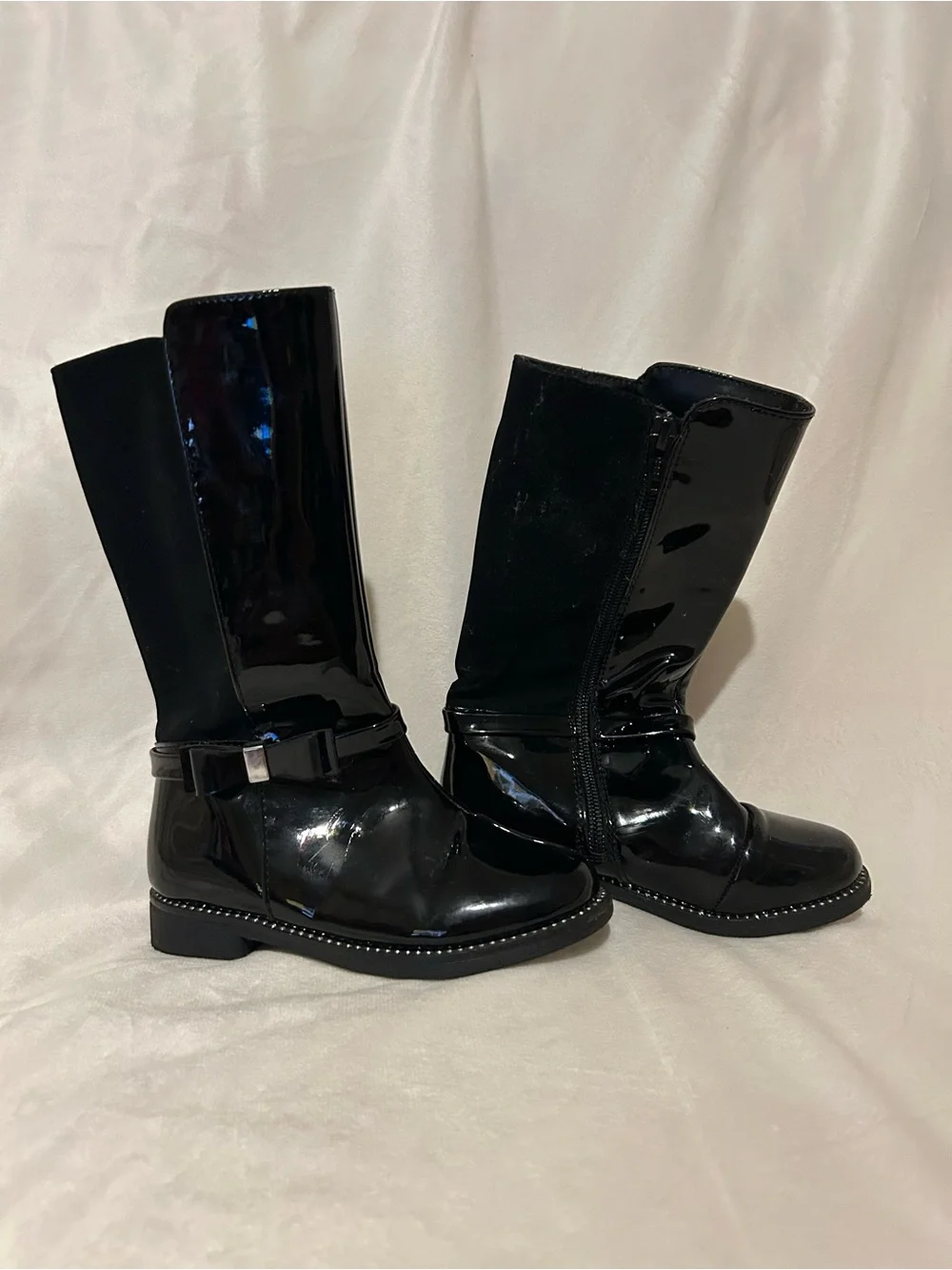 Women’s Black Patent Mid-Calf Boots with Decorative Bow